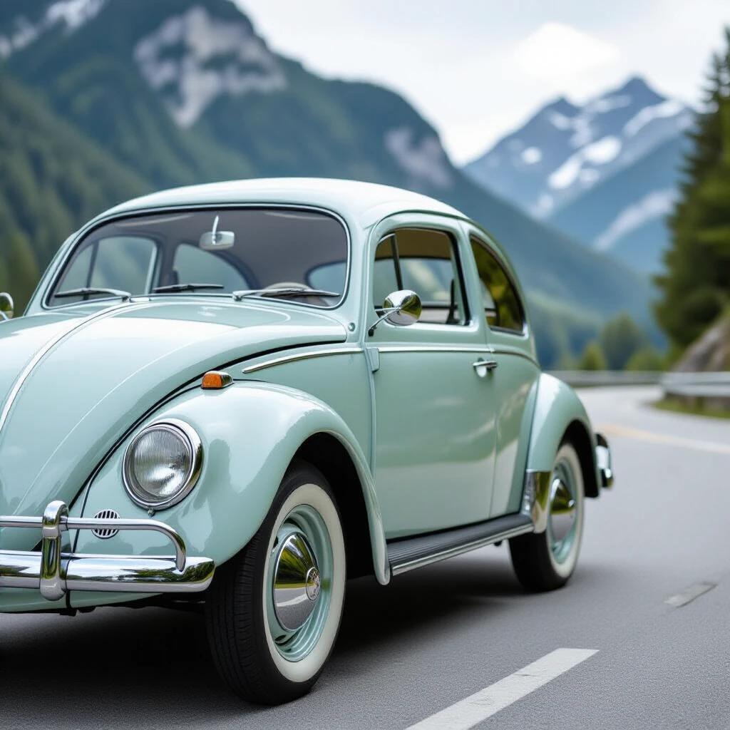 Photograph of a 1950s Volkswagen Beetle in mint green color. The car is in pristine condition with no visible defects. The shot is taken from a low angle showing the side profile of the car. It is centered in the frame with a pure white background. The lighting is bright and clinical. The focus captures fine details of the car's features.