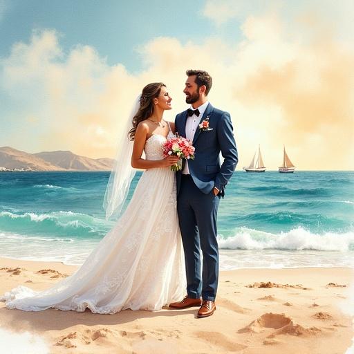 A watercolor painting of an Arabic wedding card. A happy groom and bride stand in the middle. Background features a seashore with sailboats. The style is more painting-like than photographic. Faces are not clearly defined. The view is a long shot.