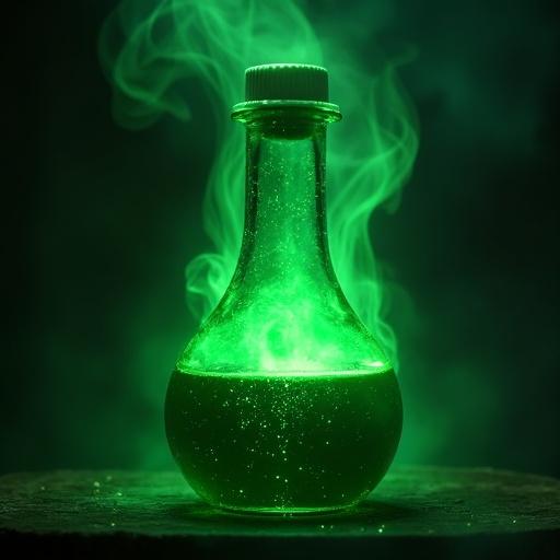 A glowing green magic potion in a flask with mystic light. The potion emits a greenish glow and steam.