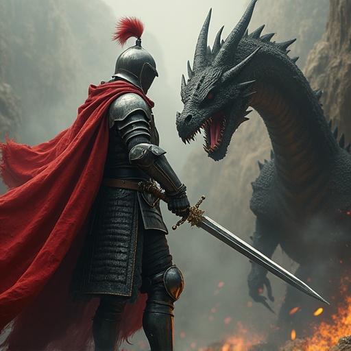 Knight in armor stands ready with a sword. A dragon towers menacingly across a rocky landscape. The knight wears a flowing red cape. Smoke and ash surround them. The scene portrays an epic battle.