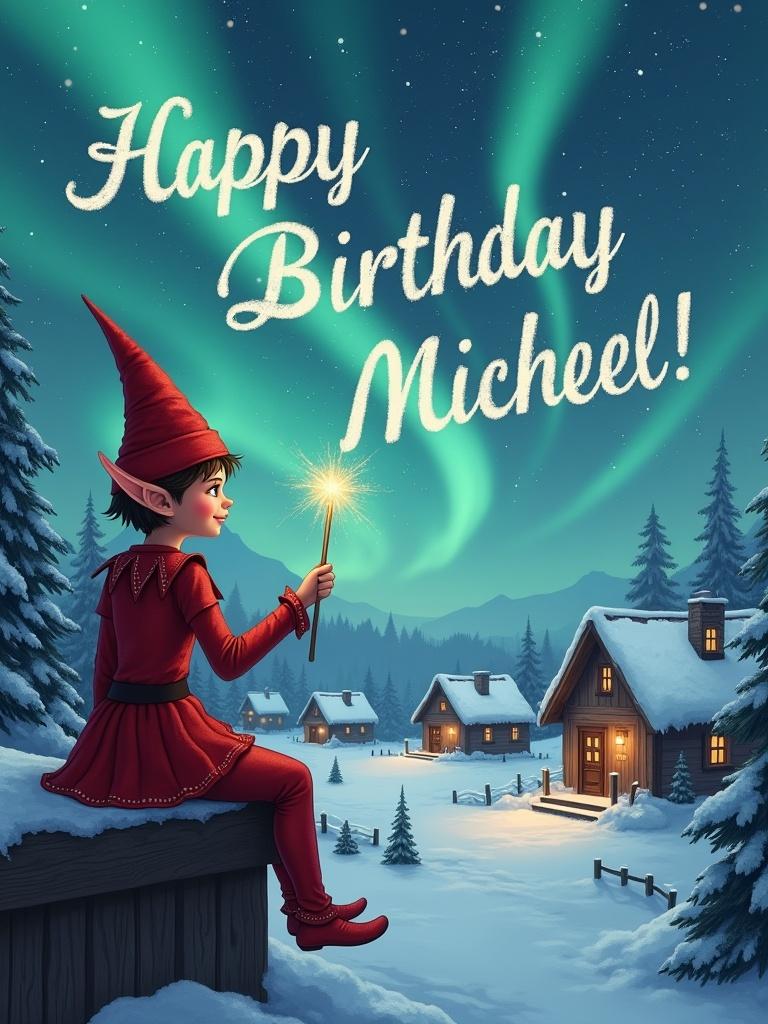 Elf sits on wooden ledge gazing at magical sky. Elf dressed in red outfit with pointed hat. Elf holds sparkling wand writing 'Happy Birthday Michele' in sky. Background shows snowy landscape with little houses and evergreen trees under Northern Lights.