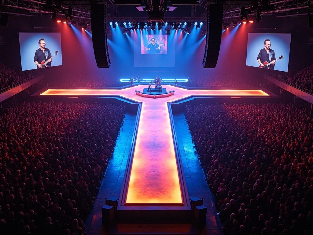 The image shows an electrifying concert atmosphere featuring Roddy Rich performing on stage. The venue is Madison Square Garden, known for its iconic events. The stage is designed in a T-shape, illuminated with vivid colors that enhance the concert experience. A large audience fills the arena, captivated by the performance. The view is from a drone, allowing for a dramatic perspective of the stage and crowd engagement.