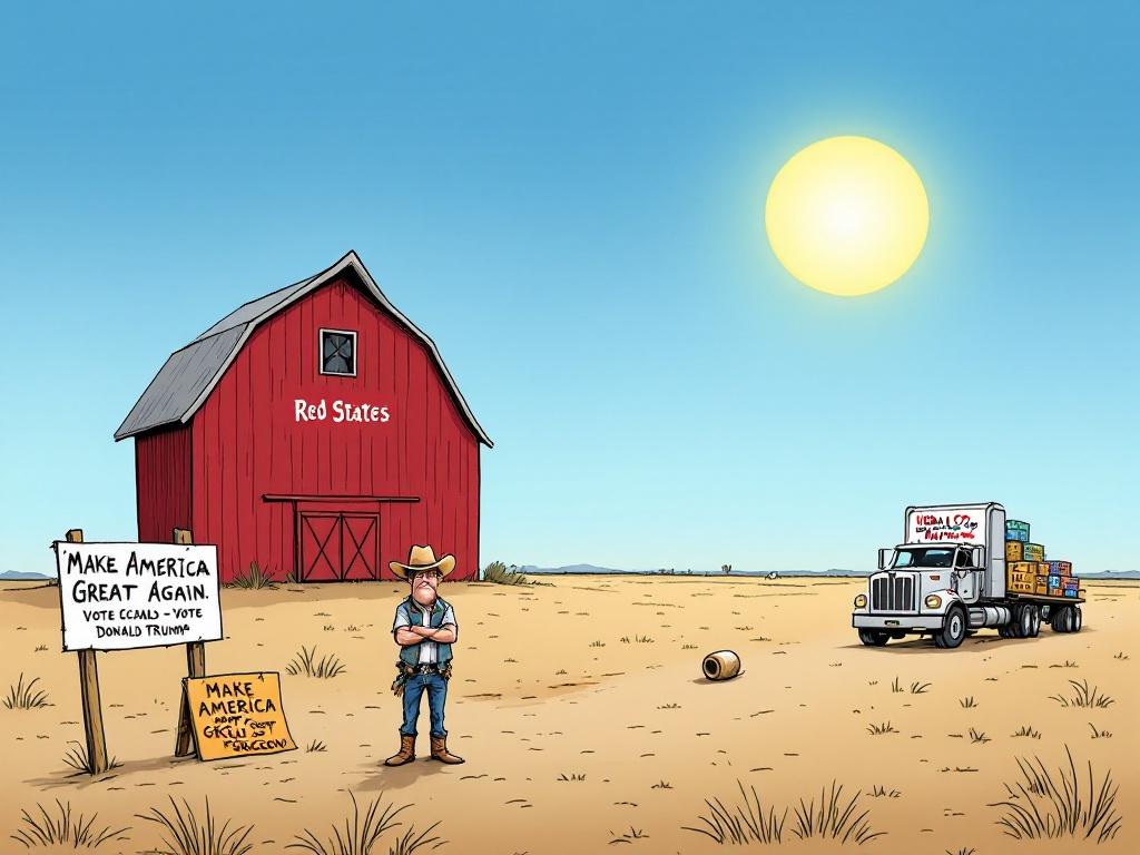 Cartoon style political illustration depicting a rural scene. A large red barn stands in an empty field. A farmer in a MAGA hat and cowboy boots crosses arms in front of a deserted roadside stand. A truck with rainbow bumper stickers drives away in the background. Crates marked with food products lie in the truck.