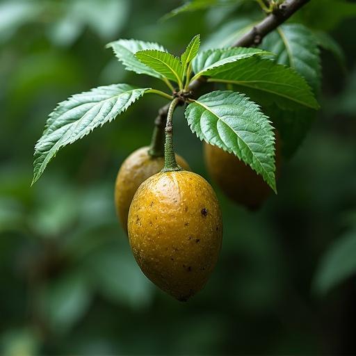 Mysterious plant features magical fruits with green leaves.