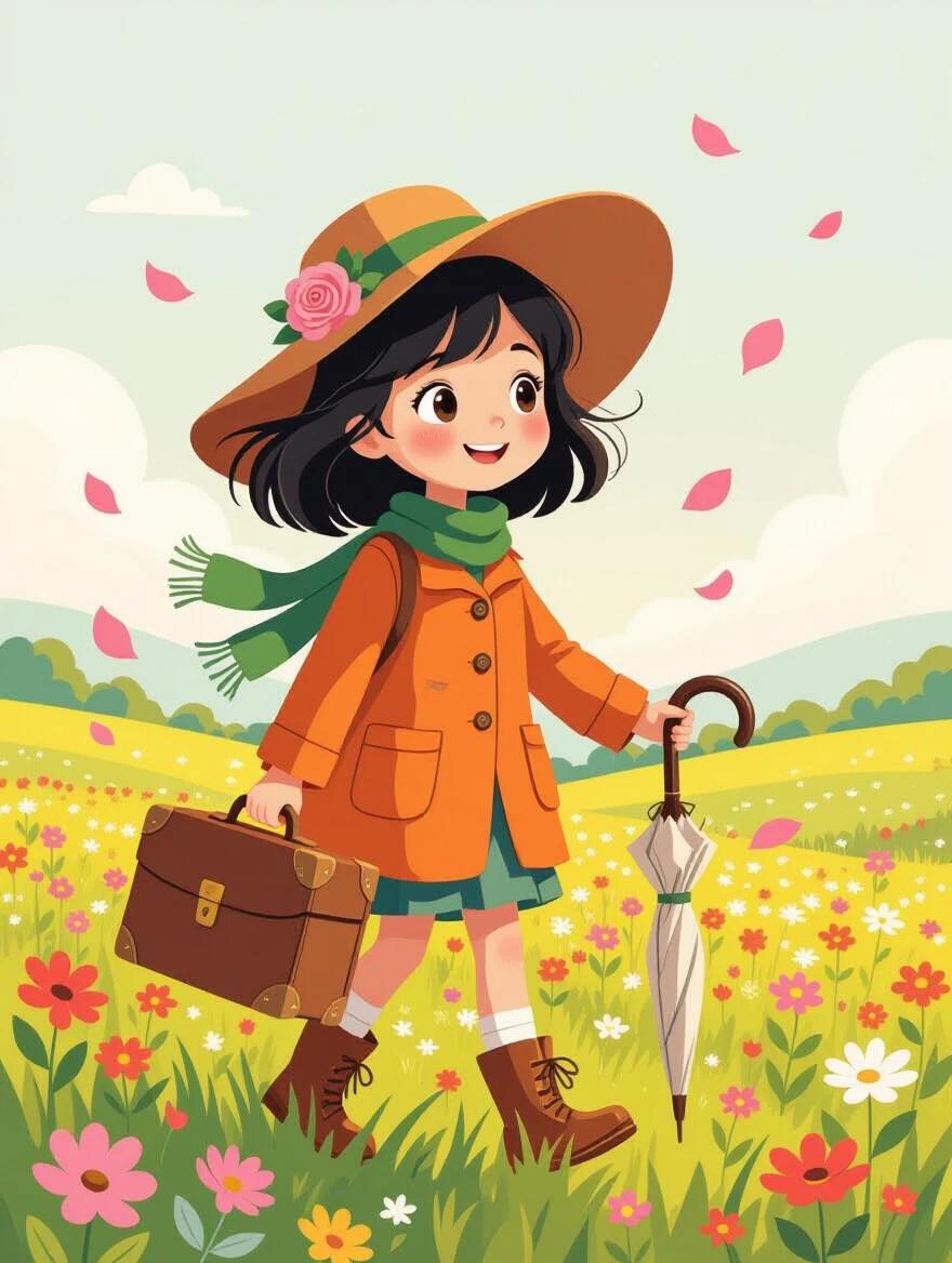 Bright storybook-style image of a girl walking through a flower field. She wears a brown hat with a pink rose a green ribbon an orange coat and a green scarf. She holds a vintage brown suitcase in one hand and a closed umbrella in the other. A gentle breeze blows flower petals around her under a pastel sky.
