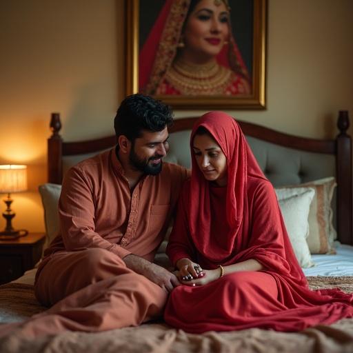 Wealthy Pakistani couple in a luxurious bedroom. Sad wife in simple shalwar kameez and full dupatta, holding tasbih. Husband in plain attire, offering comfort. Warm lighting, elegant furniture. Wedding photo on wall with joyful expressions. Bride in ornate red dress, groom in sherwani. Emotional contrast between present sorrow and past happiness.
