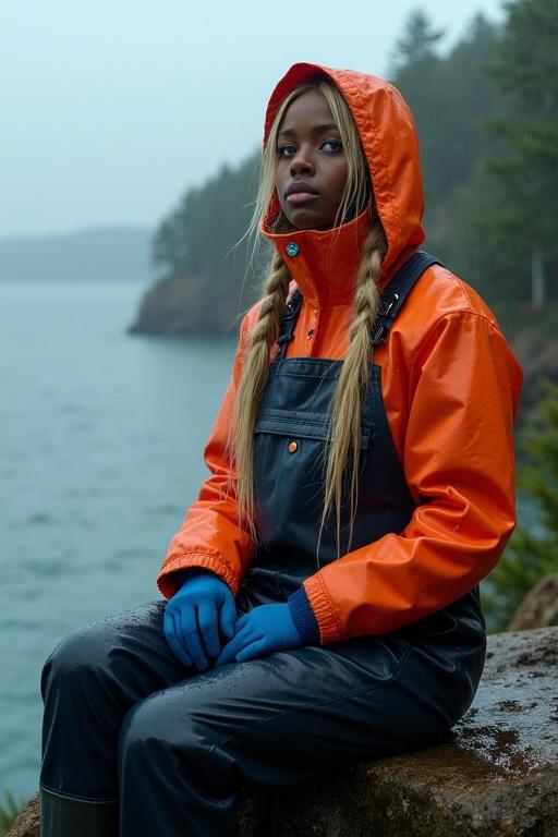 Attractive young woman with long blonde hair in pigtails. Dressed in an orange raincoat and navy blue fisherman's dungarees. Sitting on a cliff by the sea. Rain pouring down, stormy background. Hair and clothing soaked.