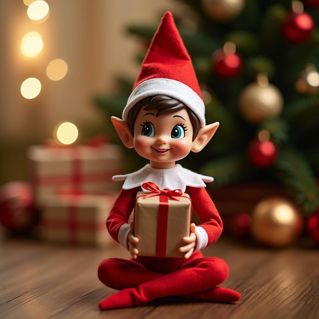 Charming elf figure dressed in red and white outfit. Seated with a wrapped gift. Christmas ornaments and decorated tree in background. Warm, soft lighting creates inviting atmosphere. Cheerful expression adds playful nature of holiday traditions.