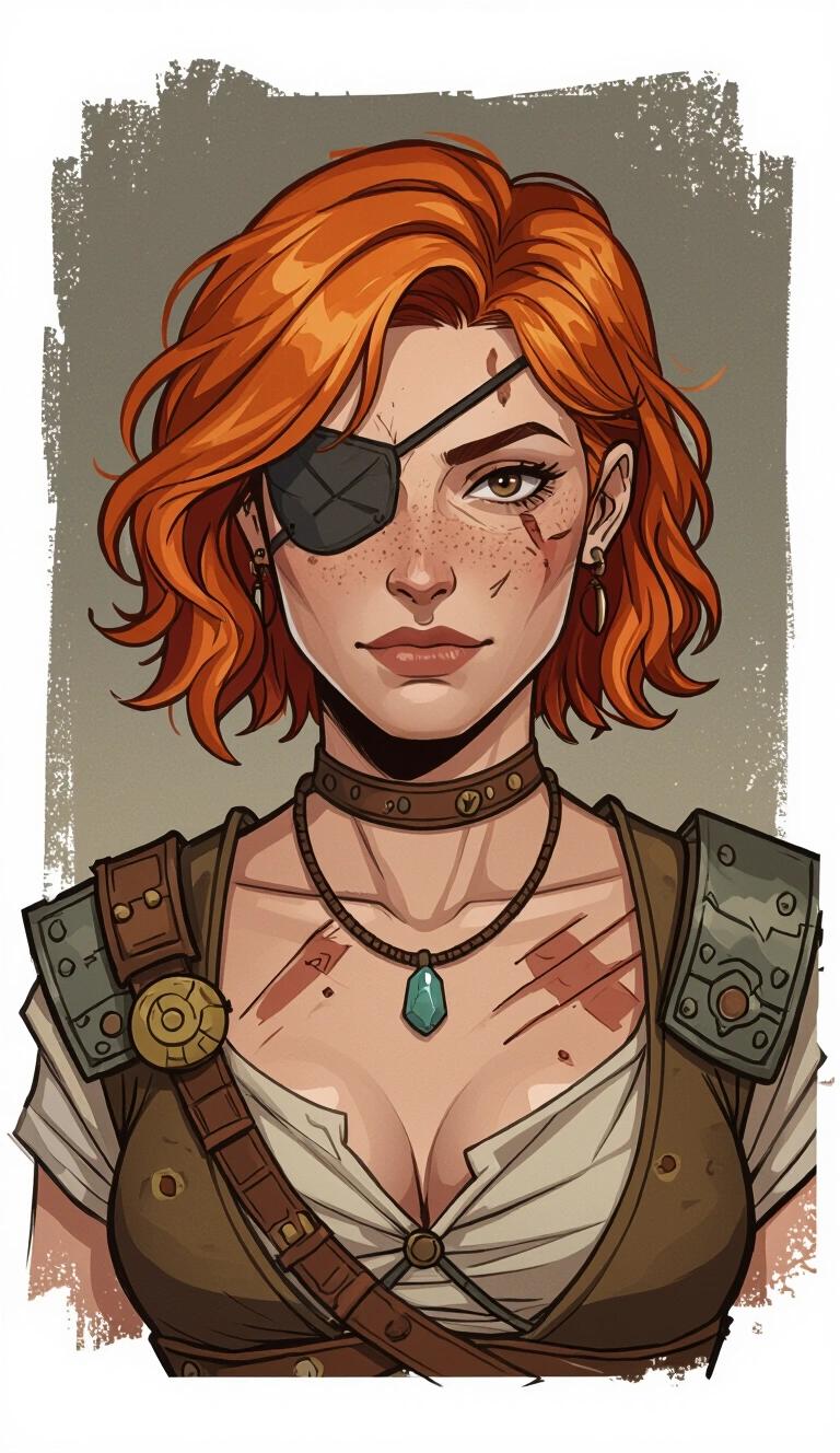 Dark acrylic illustration depicts mid-30 aged human woman fighter. Features short strawberry blonde hair styled in beach waves. One eye obscured with a patch. Shows battle scars on chin and neck. Bandaged chest. Wears an ugly necklace with a single stone. Dressed in ancient Greek-style clothing. Candid and natural depiction of a dirty battle-worn character.