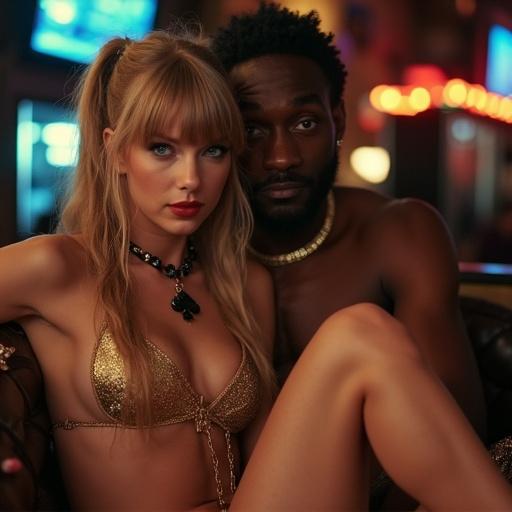 Taylor Swift has cute bangs and long blonde twintails. She has big blue eyes. She wears a bikini top and a short gold formfit club miniskirt. A black pendant is around her neck. She wears very high heels. In a dingy nightclub, she sits with her boyfriend, a large older black rapper. He holds her close, and she smirks at the viewer, draped over him.