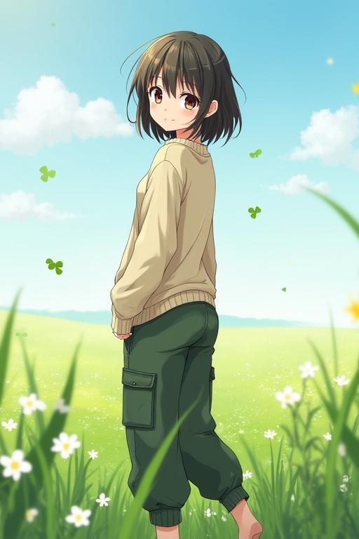 Anime girl wears a sweater and baggy cargo pants stands in a field with flowers and clovers looks back at the viewer playfully. General audience image with no objectionable content.