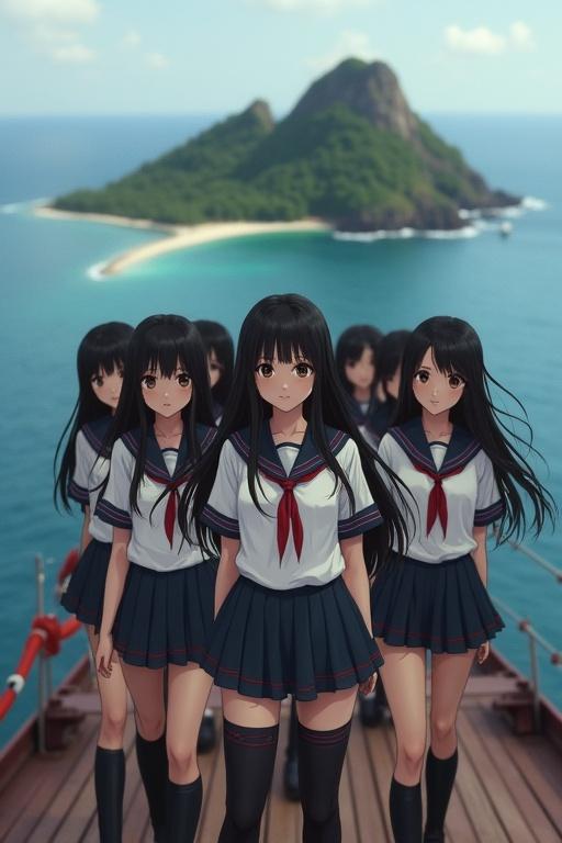 Young women with long black hair wear sailor uniforms on a WWII battleship deck. They stand in formation with an island in the background.