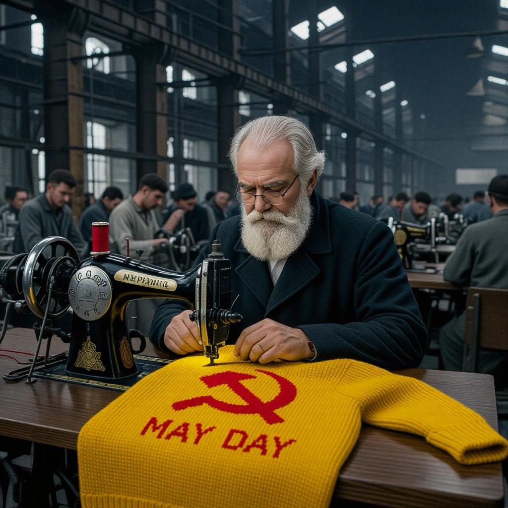 Karl Marx at an old sewing machine embroidering a hammer and sickle on a yellow sweater with 'May Day' in red. The scene shows a 19th-century factory with industrial machinery and workers in the background. The lighting is dramatic.