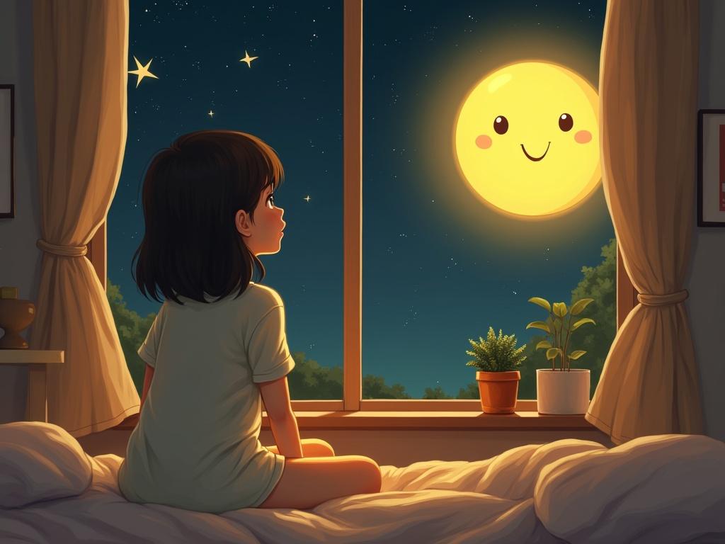 A young girl with short, dark hair sits on a cozy bed, wearing a light-colored pajama top. She gazes thoughtfully out of a window, where a large, friendly yellow orb with a smiling face is shining brightly in the night sky. The room is softly lit, with a calming atmosphere created by warm tones and a few plants on the windowsill. The essence of the scene is peaceful and dreamy, with twinkling stars visible outside.