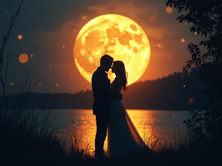 A silhouette of a loving couple in a warm embrace by a lake. They are lit up by a beautiful full moon. The moon serves as a backlight. There are sparkles and magic particles in the air. The scene conveys a dreamy and ethereal feel.