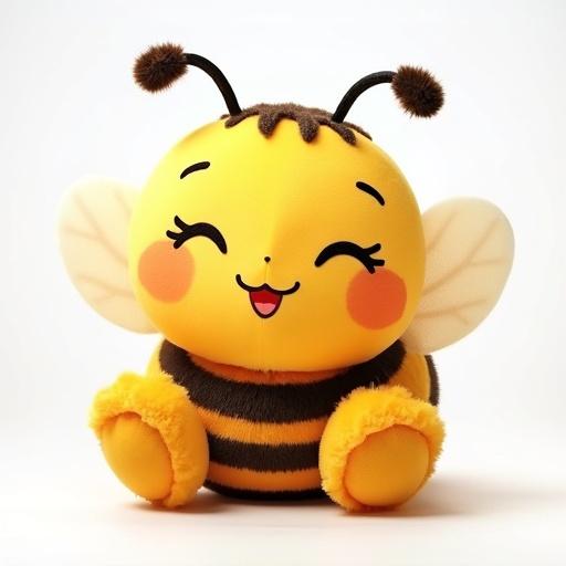 Bright soft plush bumblebee character with a smiling face and big eyes. Features yellow and black stripes, cute wings, and a cheerful expression.