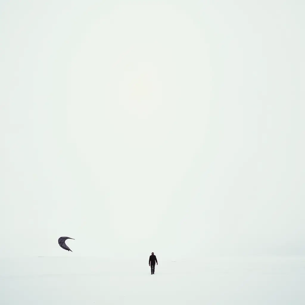 A lone figure walks across a vast, snowy landscape with a small kite flying nearby.