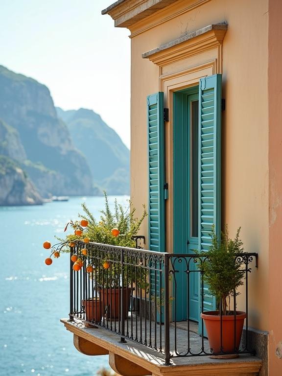 Pastel-colored balcony on a historic building in Nice. Turquoise shutters frame the doorway. Potted citrus trees add greenery. View overlooks the Côte d’Azur. Light reflects off the sea creating an elegant coastal vibe.