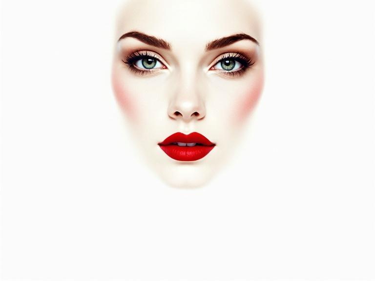 A portrait of a woman's face. The background is white. The woman's lips are slightly parted. She has red lipstick. The style is modern and minimalistic.