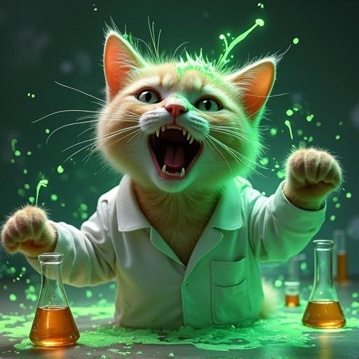 Semi-realistic cat in a lab coat with a panicked expression. Cat is splashed with glowing green liquid. One side of the face is discolored. Fur is sizzling slightly. Surrounded by broken beakers. Humorously exaggerated reaction is displayed.
