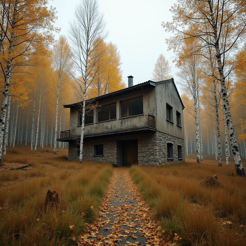 The image depicts a solitary, rustic house set amidst a tranquil autumn forest. Birch trees with golden leaves surround the house, highlighting the serene, natural beauty of the scene. The house itself is made of stone and wood, with an earthy-toned facade, giving it a harmonious feel with its surroundings. A narrow path, covered in fallen autumn leaves, leads to the front door. The misty atmosphere adds a touch of mystery and calmness to the setting, enhancing the sense of isolation and peace.