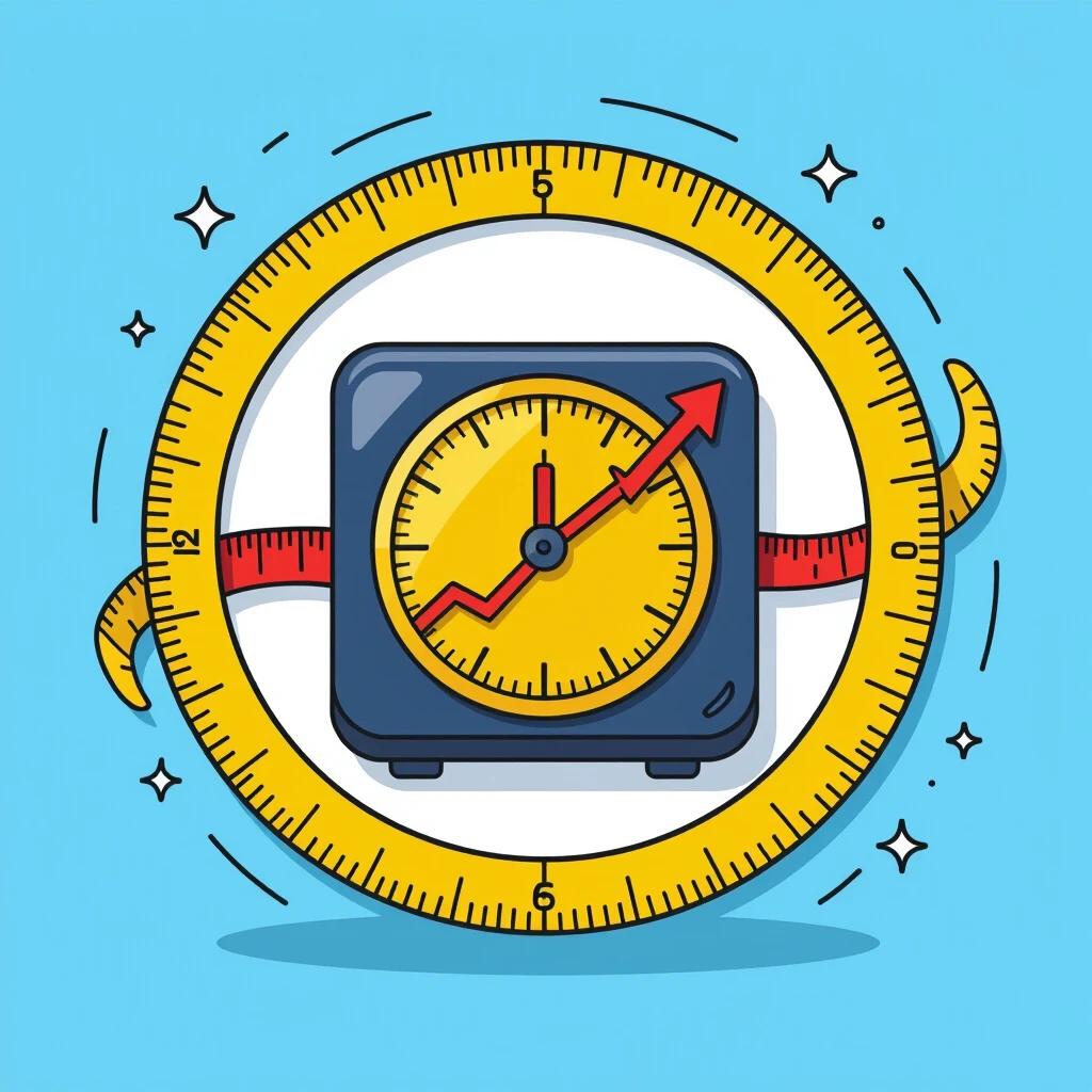 Cartoon illustration of a bathroom scale with arrow graph. Yellow measuring tape circles around the scale. Blue background and red accents. Thick black outlines. Minimalist style and simple design.