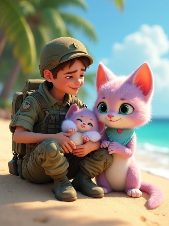 Soldier in tactical gear sits on a tropical beach cradling a rescued baby. Fluffy anthropomorphic kitten with pastel pink and lavender fur beside them. Kitten has large green eyes and a light blue bandana with heart.