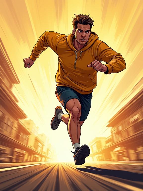Animated person sprinting at top speed with motion blur. Exaggerated running pose set against an energetic background in comic art style.