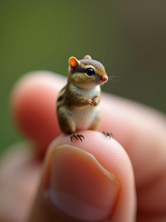 A miniature animal sitting on a human fingertip. The animal appears highly detailed and lifelike. The hand gently holds the animal. Soft lighting highlights both the animal and the hand. The background is blurred to emphasize the tiny creature.