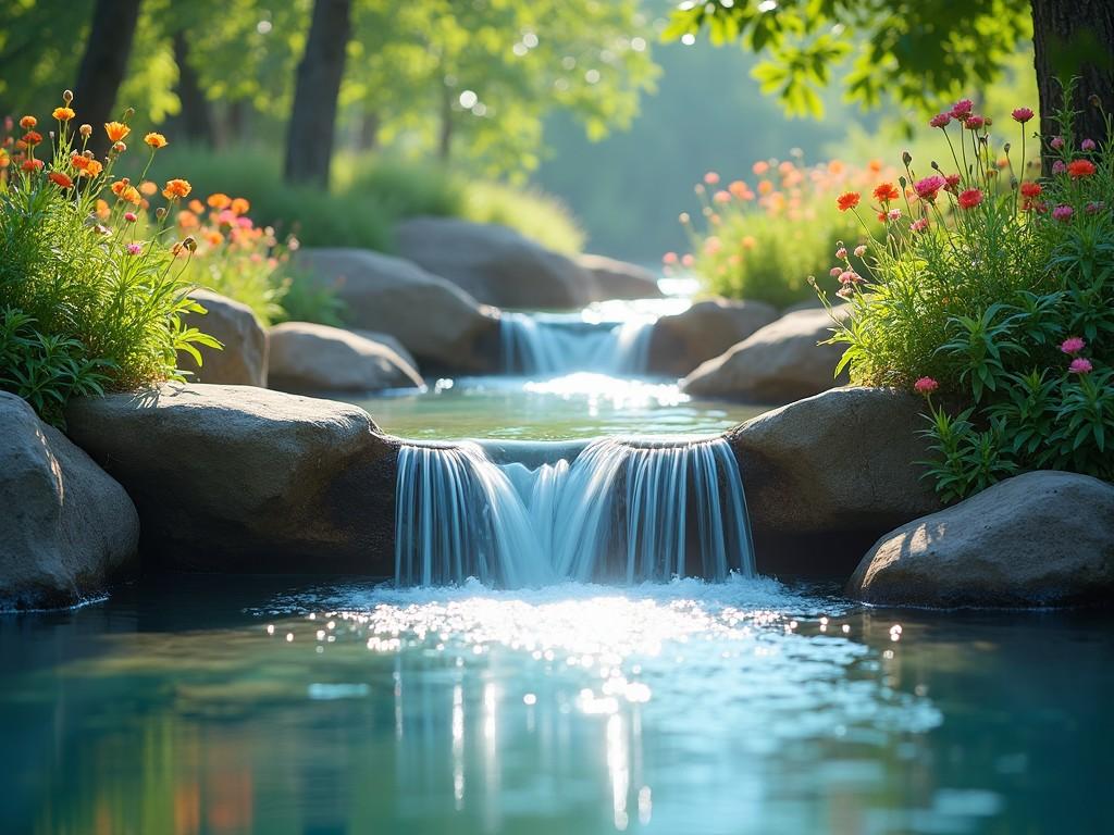 The image features a beautiful natural scene with a gentle water flow cascading over smooth rocks. Surrounding the stream are vibrant flowering plants that add a pop of color to the lush green landscape. The soft sunlight creates a serene atmosphere, enhancing the tranquility of the setting. The clear blue water reflects the light, giving the image a calming essence. This picturesque stream, adorned by nature's beauty, evokes a sense of peace and relaxation, inviting viewers to immerse themselves in the moment.