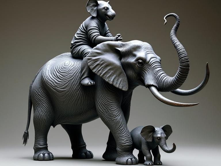 A large grey metallic 3D sculpture depicts a majestic elephant with a smaller elephant on its back. The sculpture is designed with intricate details showcasing their features and poses. The overall design emphasizes the beauty and strength of elephants.