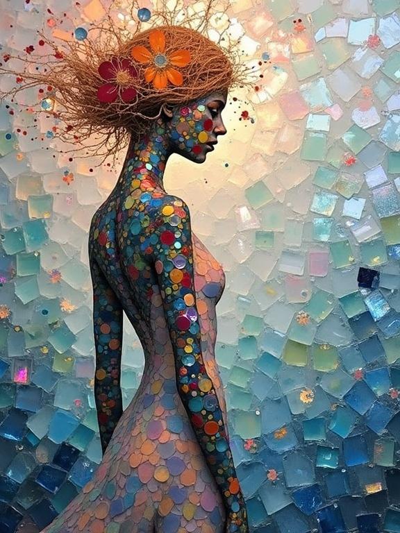 Ethereal nude silhouette created with a mosaic of iridescent ceramic tiles and glass. Features soft pastel colors with a dreamlike quality. The background is decorated with abstract patterns and shapes.