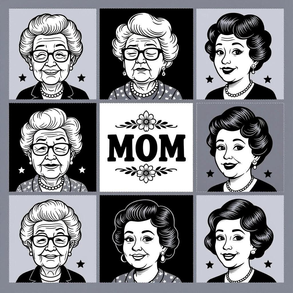 Flash tattoo sheet features various caricature images of adorable old women. Thick black and white minimalist line art. Center square features bold text 'MOM'.