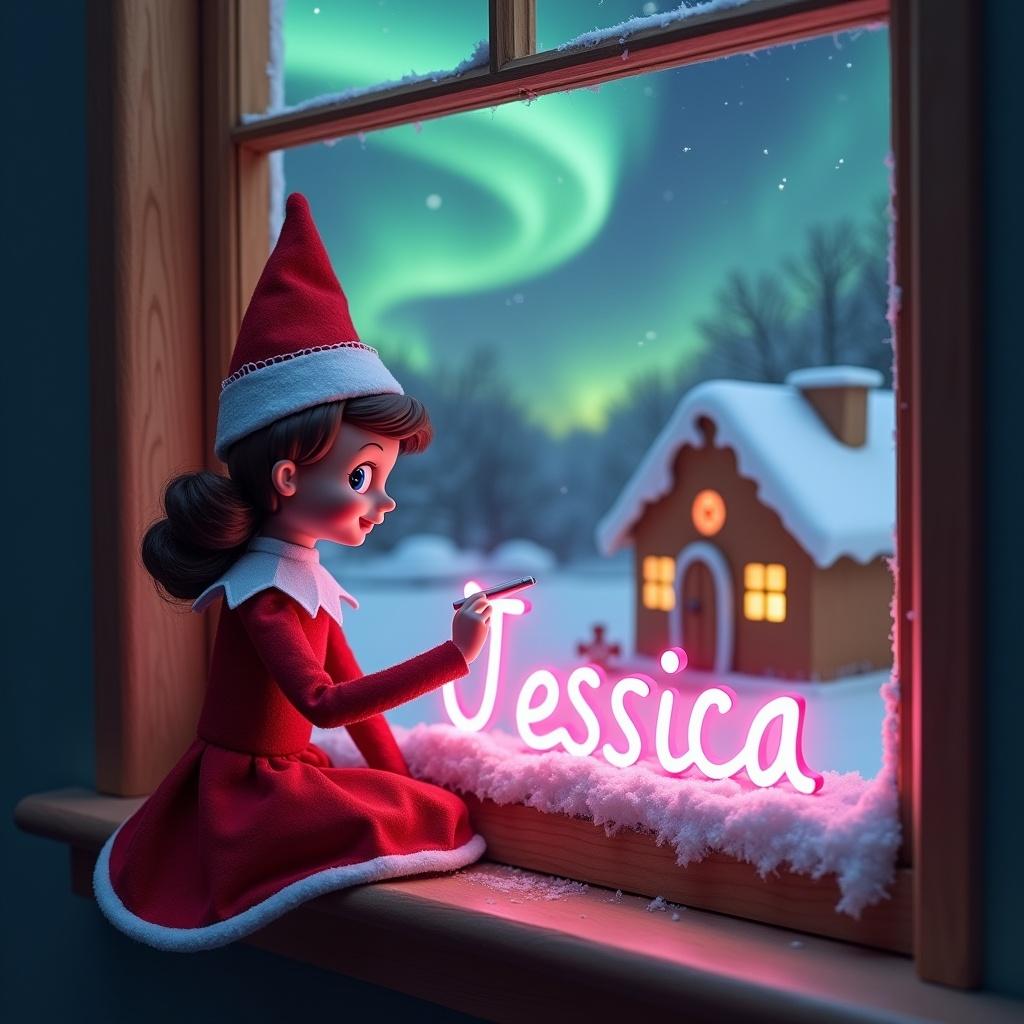 A whimsical scene featuring an elf on the shelf sitting by a window. The elf has brown hair and is wearing a red dress with a white collar and a matching red hat. She is using a magic pen to elegantly write the name 'Jessica' in pink letters. Outside the window, a snowy landscape is illuminated by northern lights, highlighting a charming gingerbread house in the background. The setting is magical and festive, perfect for the holiday season.