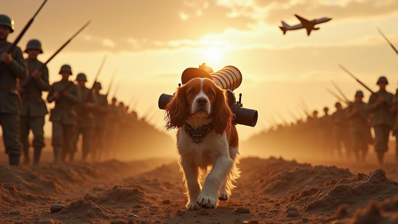 In a dramatic and awe-inspiring scene, a brown and white Cavalier King Charles Spaniel walks confidently across a desolate battlefield. It carries a large cannon strapped to its back, symbolizing bravery and strength. In the background, a multitude of soldiers stands resolute, holding rifles and prepared for action. The sky is painted with the bright radiance of the sun setting, casting a golden hue across the landscape. A jet fighter flies overhead, adding to the sense of urgency and drama in this striking image.