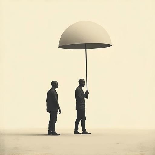 Minimalist human figures carry a large lamp in a surreal style. Monochrome color palette emphasizes simplicity. Isolated figures showcase abstract forms against vast negative space. Clean background with soft shadows creates an elegant composition. Subtle grain adds texture for a modern poetic feel.