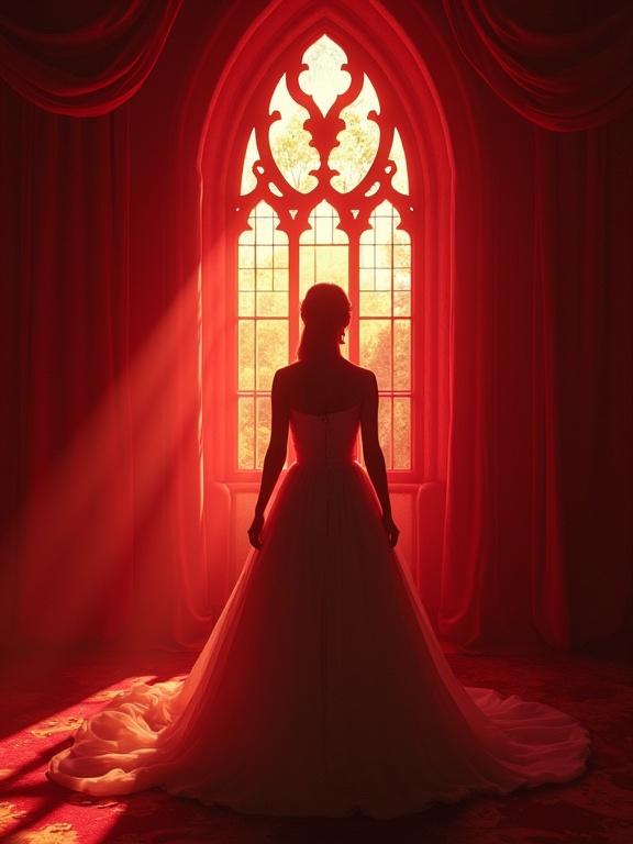 Bride stands in front of stained-glass window. Crimson curtains frame the scene. Light creates a dramatic silhouette. Soft haze adds atmosphere. A cinematic and photorealistic depiction.