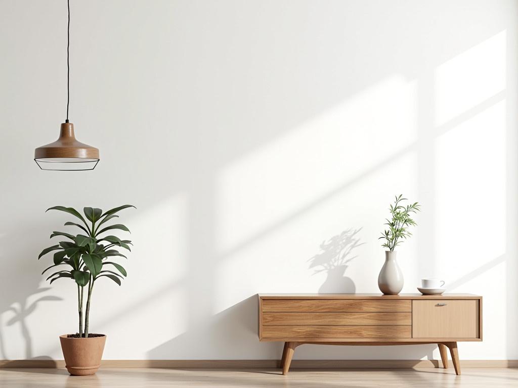 The image features a retro-styled living room with a minimalist design. The wall is painted white, providing a clean backdrop for the decor. A vintage pendant light hangs from the ceiling, adding a charming touch. To the left, there’s a stylish wooden shelf displaying a potted plant and a coffee cup. On the right side, a retro console cabinet holds a decorative vase and a small green plant.