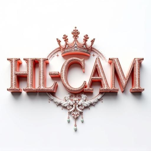 Digital illustration of the name HL-CAM in ornate typography. Letters adorned with rose gold and gemstones. A rose gold crown above the name. Contemporary ornaments surround the text. Soft white background enhances details.