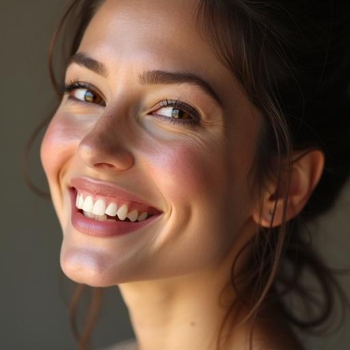 Close-up side profile of a smiling woman with soft natural light illuminating her features. Focus on cheerful expression and curves of her smile.