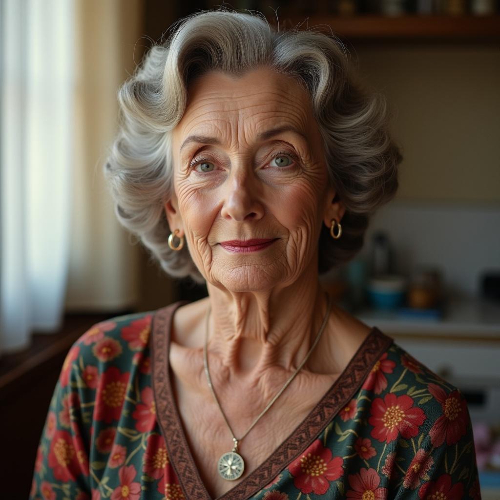 Lady in late 50s wears floral dress and necklace. Indoor setting with soft light. Focus on elegant appearance and cozy atmosphere.