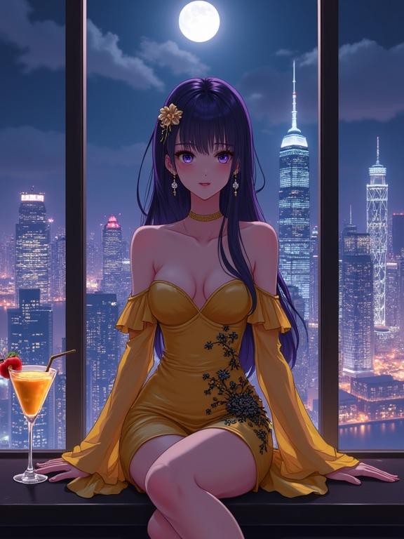 A graceful woman with long dark violet hair and sharp violet eyes sits in front of a large window. She wears a shiny off-shoulder yellow gown with black floral patterns. The scene captures an upscale lounge ambiance with a vibrant city skyline at night. A full moon is visible in the sky. A gold cocktail is placed on the bar counter.