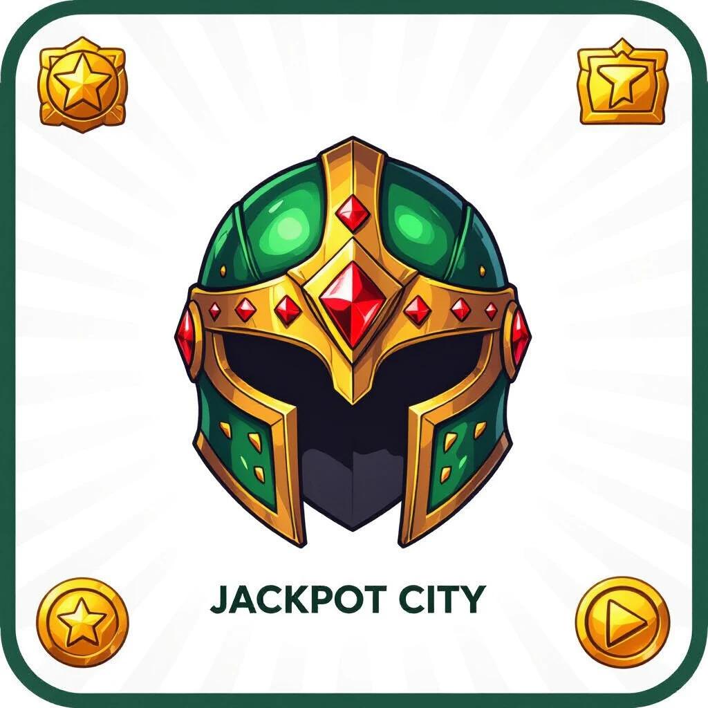 Icon for Jackpot City metagaming achievements displaying a fantasy helmet. The helmet has a green and gold color scheme with red gems. Design is for card games. Transparent background and dimensions are 48x48 pixels.