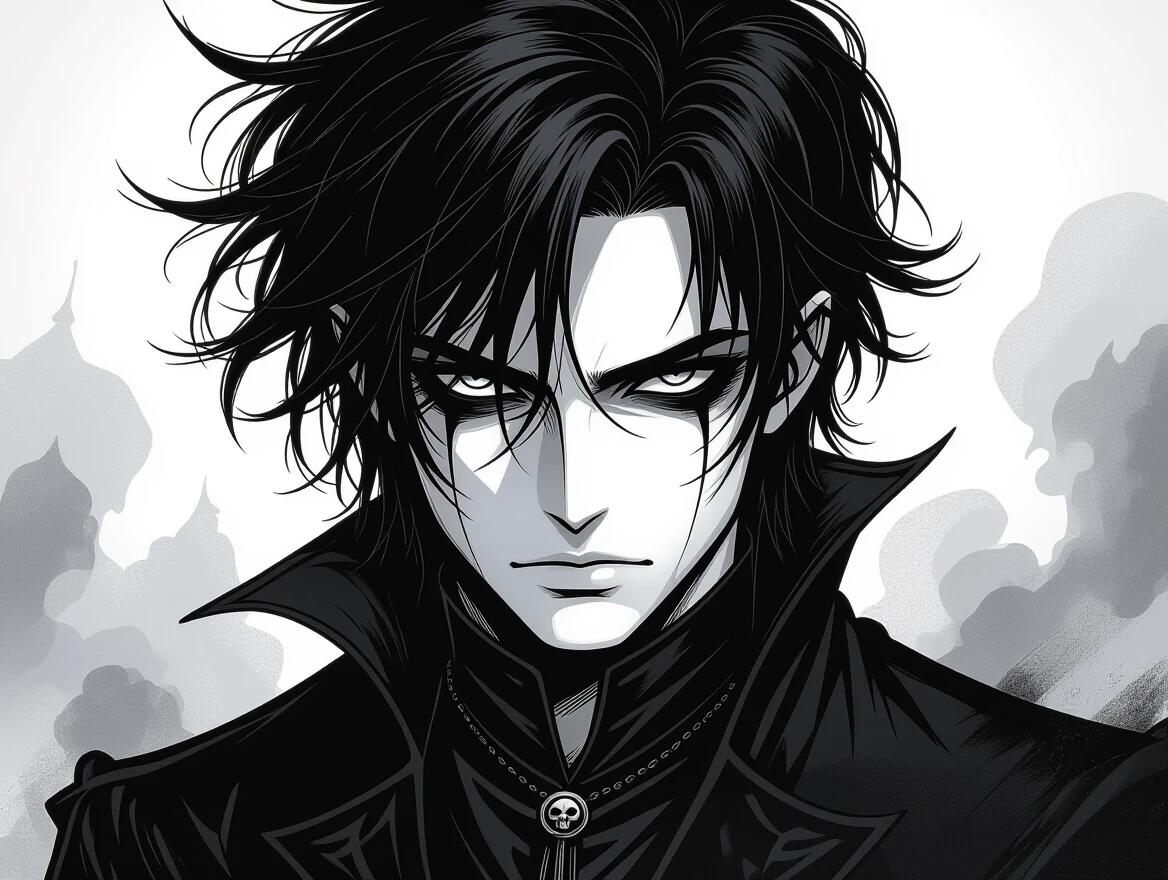 Artwork features a gothic character with unkempt black hair. The character has a pale complexion and a serious expression. Artwork is monochromatic focusing on contrasts in black and white. Background consists of misty and abstract elements adding to the mysterious vibe. The character projects a melancholic and powerful presence.