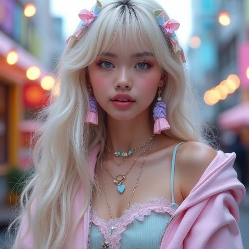 Close-up portrait of a young woman with long wavy platinum blonde hair. Hair has pastel pink and lavender streaks. Woman has light blue eyes and fair skin. She wears an oversized pastel hoodie and a frilly camisole. Accessories include colorful pins and mismatched earrings. Hair decorated with clips and ribbons. Background features vibrant urban setting. Soft, whimsical lighting creates a youthful atmosphere. High detail, pop-fantasy aesthetic.