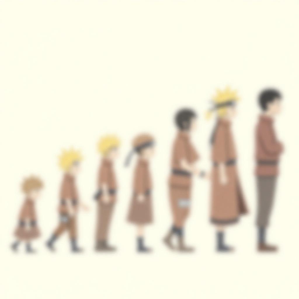 This image illustrates the evolution of the Naruto character through 10 distinct stages, arranged from right to left. Each step shows Naruto’s growth from a child to a grown-up. The progression captures his physical changes and development as a character. The artwork features a simple color palette with tones of beige, brown, and yellow. The design has a soft and smooth appearance, creating a sense of calmness. The arrangement of the character stages highlights the journey of growth in the anime story.