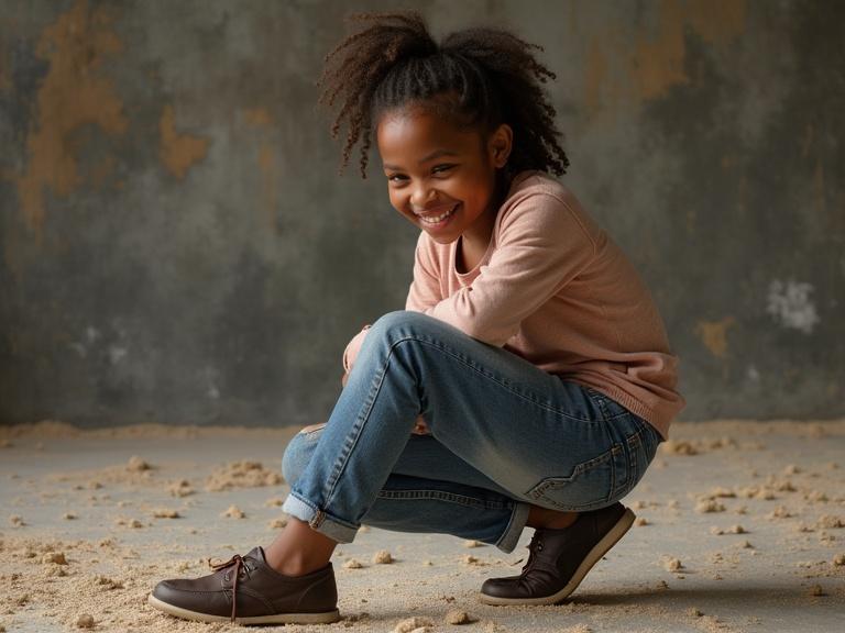 Smiling mixed girl in pink sweater and blue jeans crouched down. The girl inspects the foot of her friend. Background shows a textured wall with beige floor.