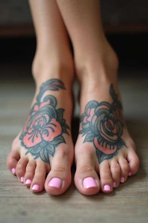 Tattooed feet with light pink nail polish. Feet crossed with high arch.