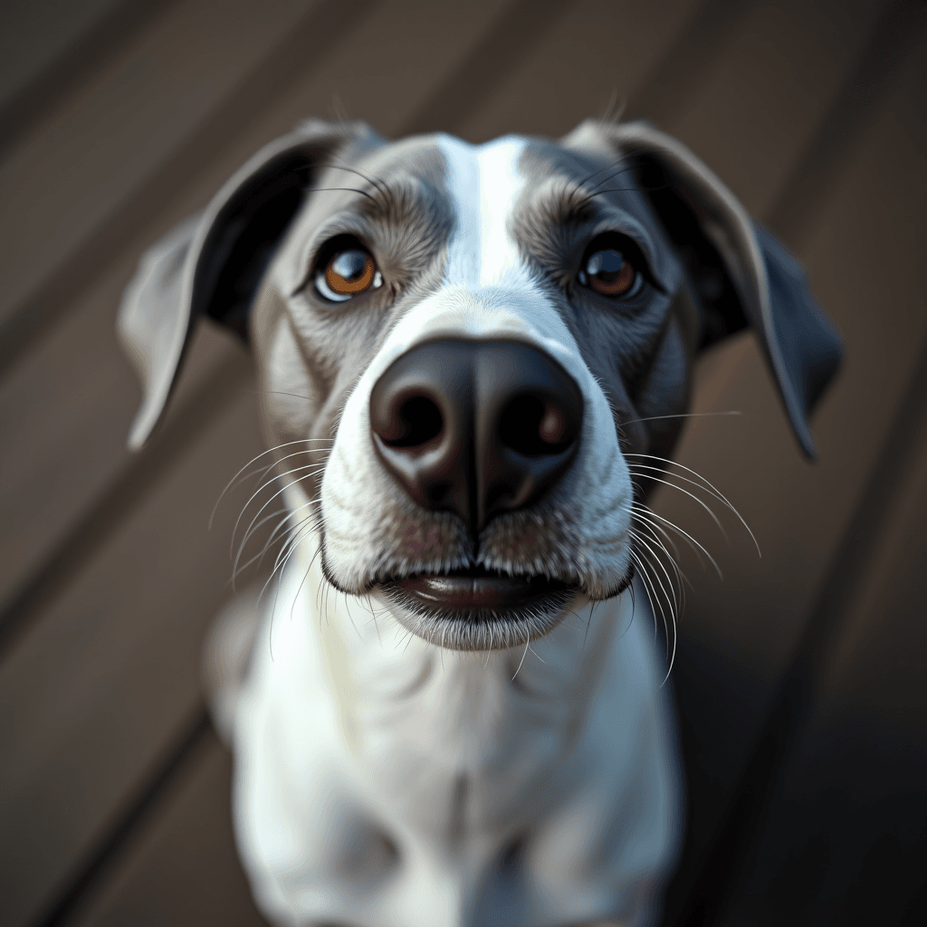 A close-up perspective of a dog's nose and eyes, capturing its curious expression.