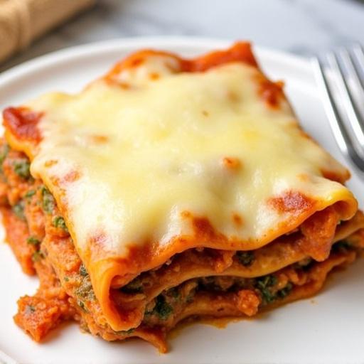 A delicious serving of vegan keto cheese lasagna presented on a plate. The lasagna has vibrant layers of cheese, vegetables, and sauce. The dish is well-cooked and appetizing, showcasing a healthy alternative to traditional lasagna.